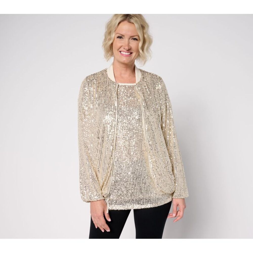 Belle by Kim Gravel Women's Jacket Sz M Dress For Joy Zip Up Sequin White
